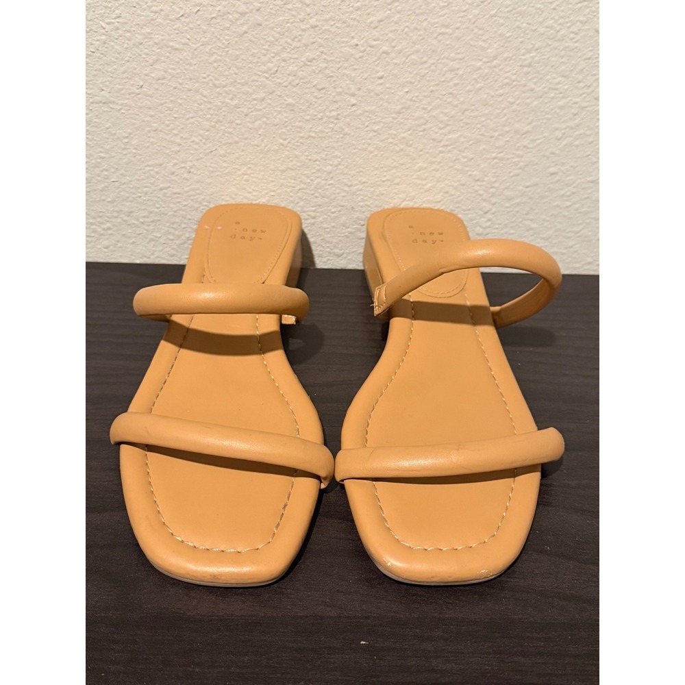 A New Day Tan Padded Double Strap Slide Sandals Square Toe Low Block Heel Size 9